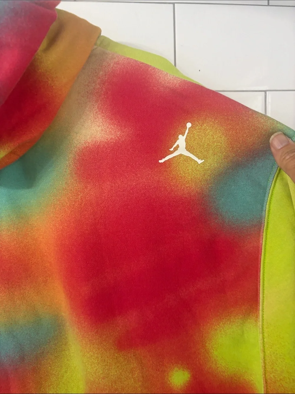 Nike Jordan Jumpman Tie-Dye Crewneck Hoodie in Red, Green, Blue, yellow